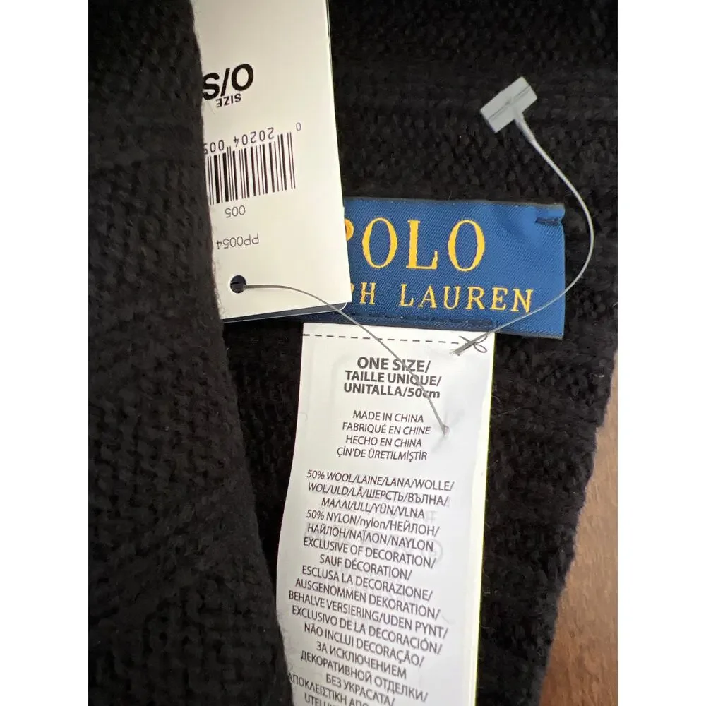 Polo Ralph Lauren Beanie Mens Black Flesh Pony Wool Blend Rib Knit Cuff NEW